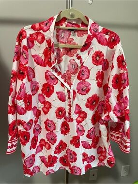 Talbots Red & Pink Poppy-Print V-Neck Blouse